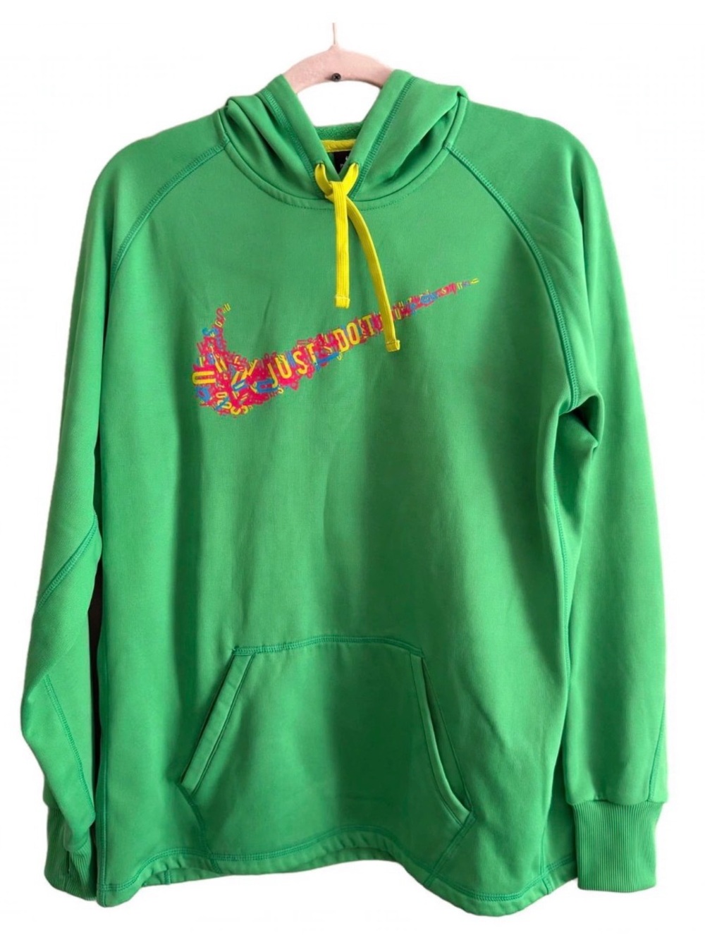 Nike Green Hoodie with Yellow Drawcord and Multicolor Swoosh